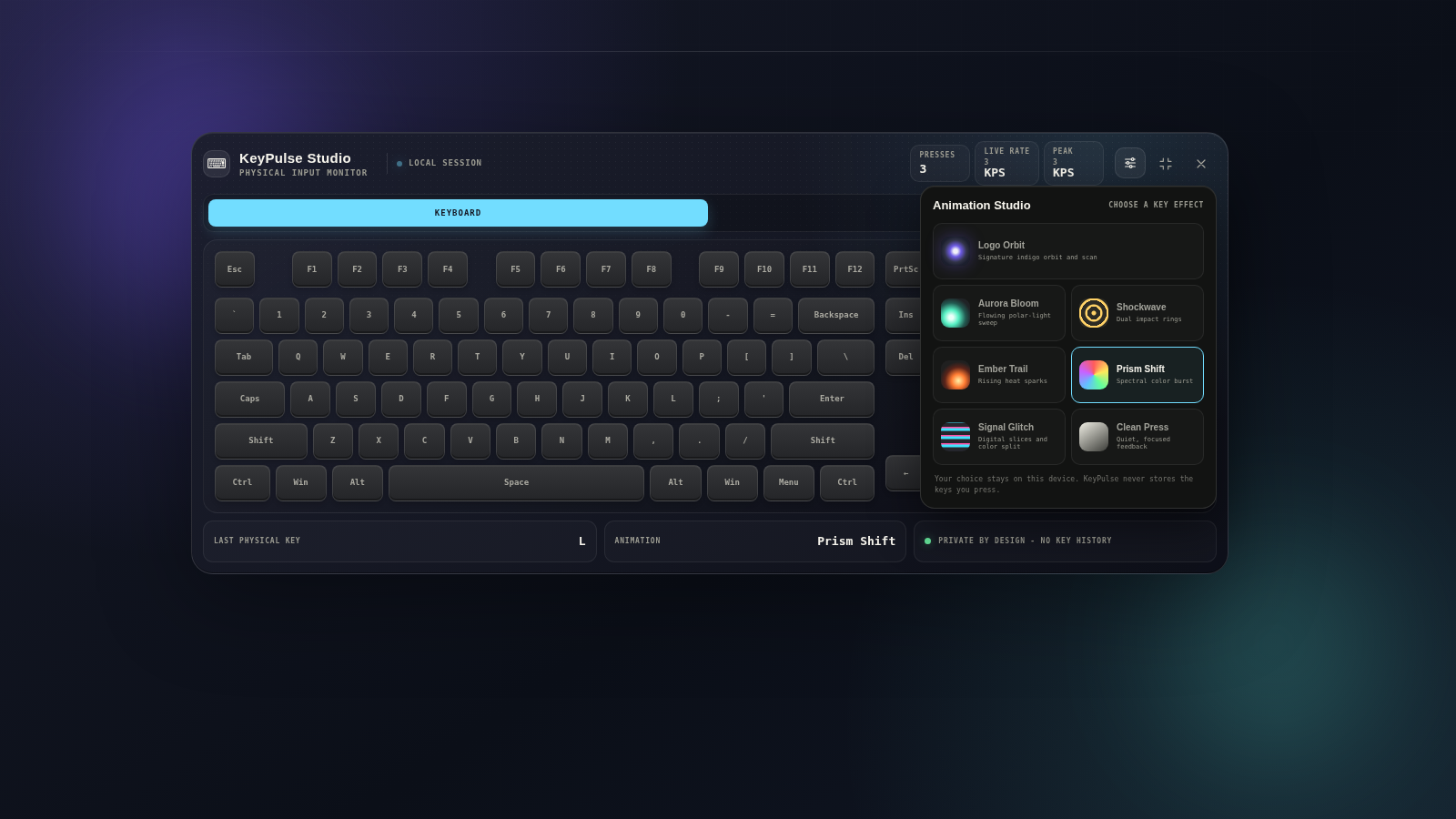 KeyPulse Animation Studio with the effects panel open and an active keyboard animation.