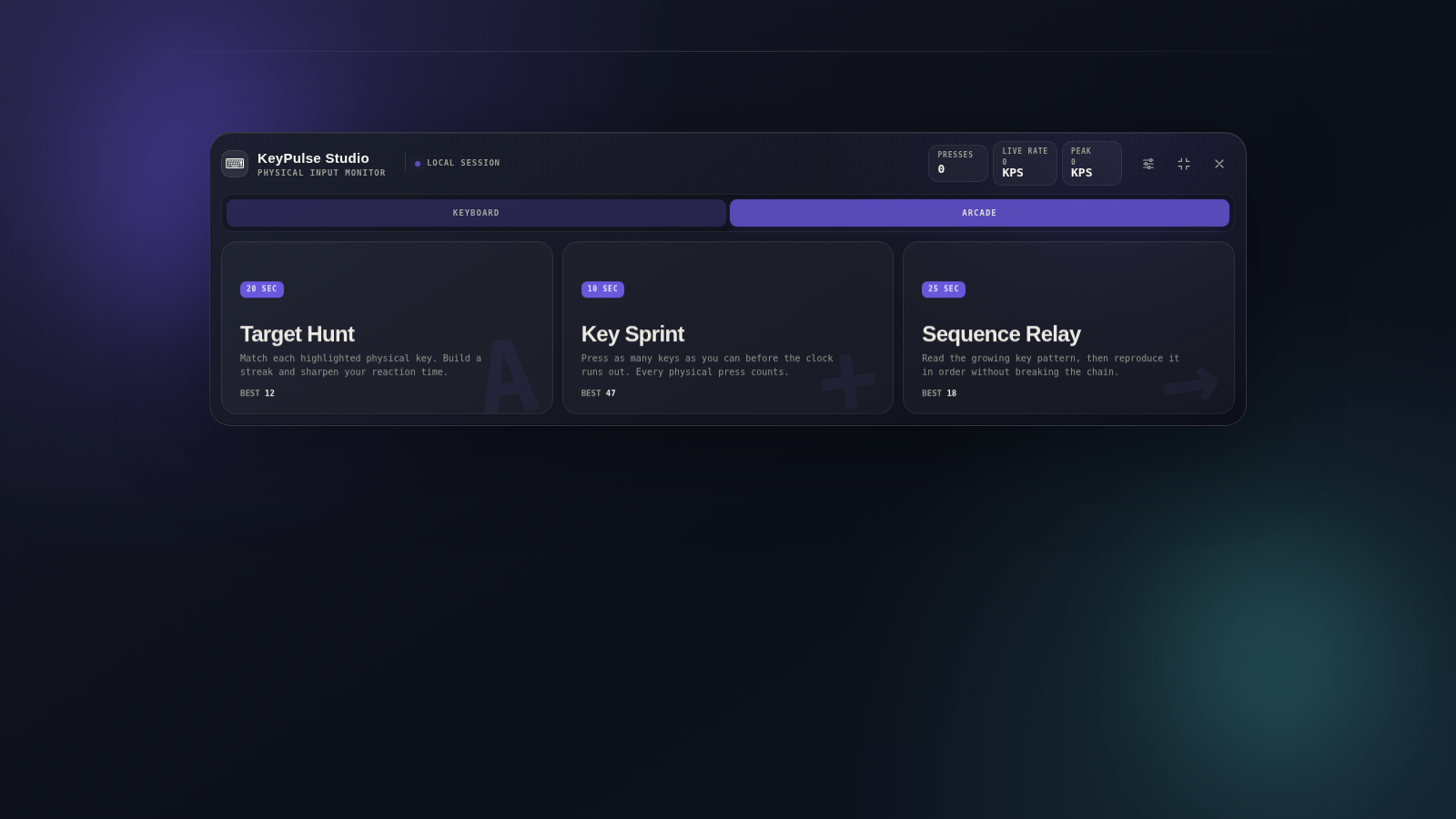 KeyPulse Studio Arcade overview showing Target Hunt, Key Sprint, and Sequence Relay.