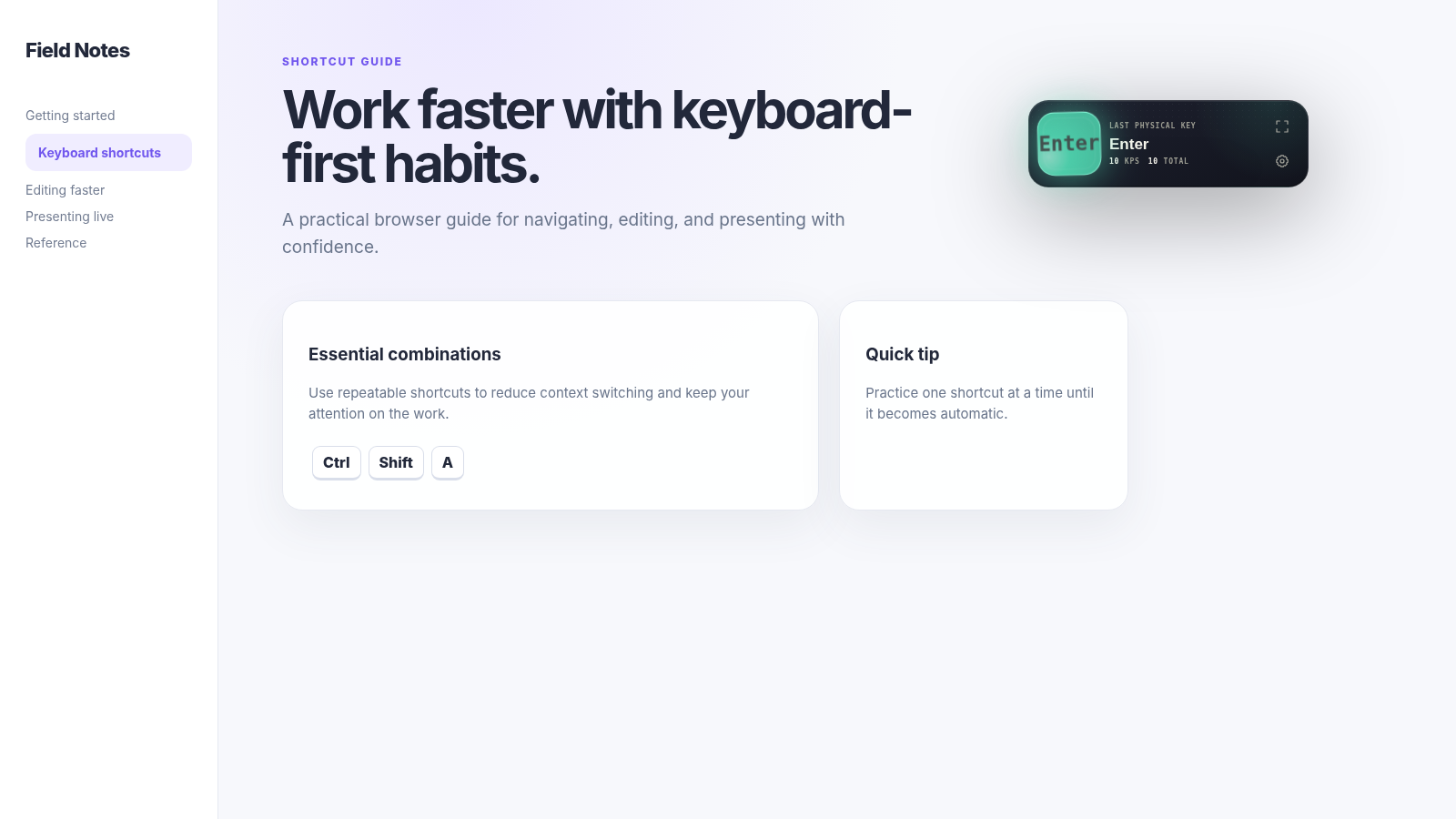 KeyPulse Compact HUD floating over a webpage with live physical-key feedback.
