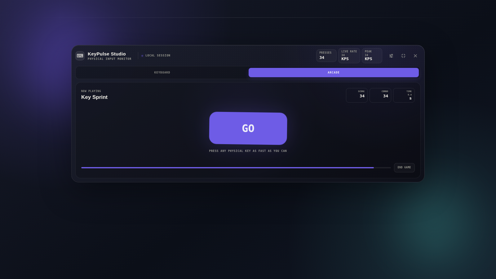 Key Sprint gameplay in KeyPulse Studio with the countdown timer and active key press count.