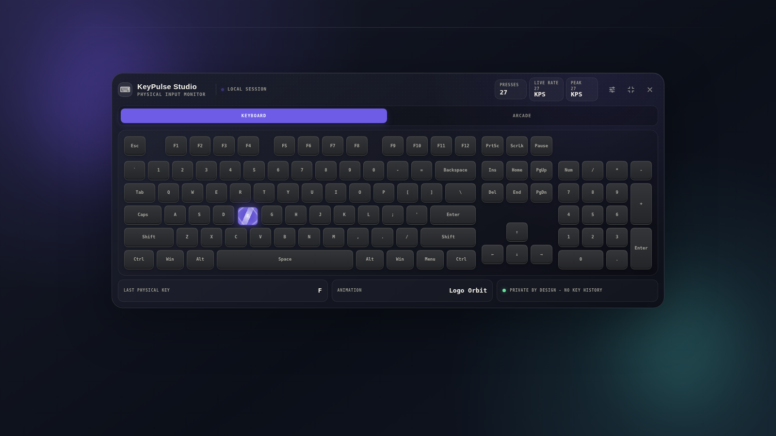 KeyPulse Studio live statistics showing active KPS, peak KPS, total key presses, and the latest physical key.