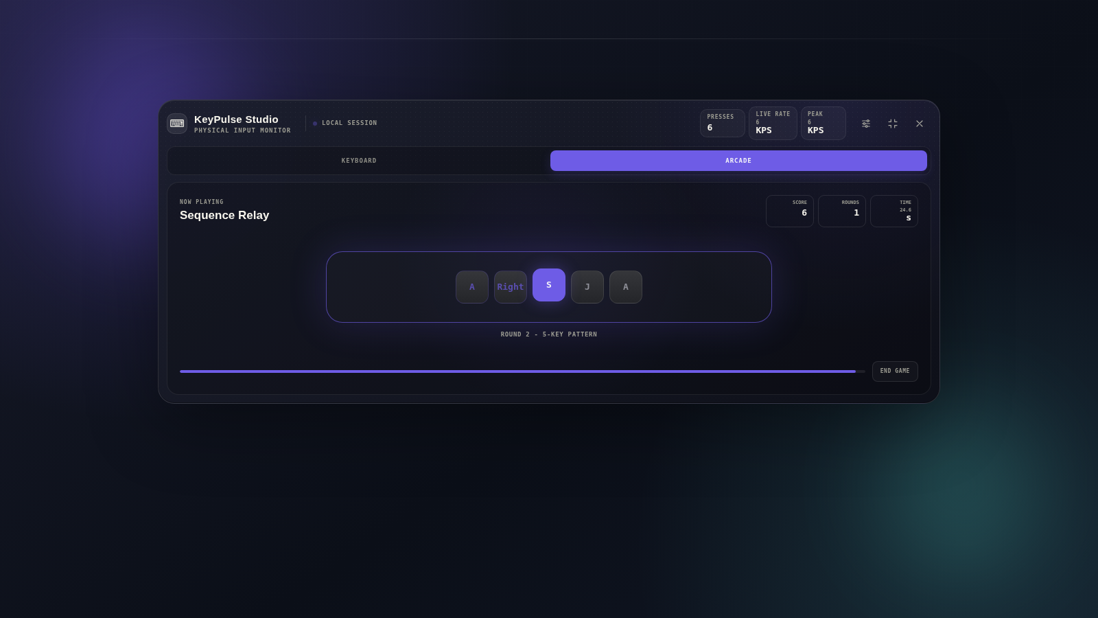 Sequence Relay gameplay in KeyPulse Studio showing a keyboard sequence memory round.