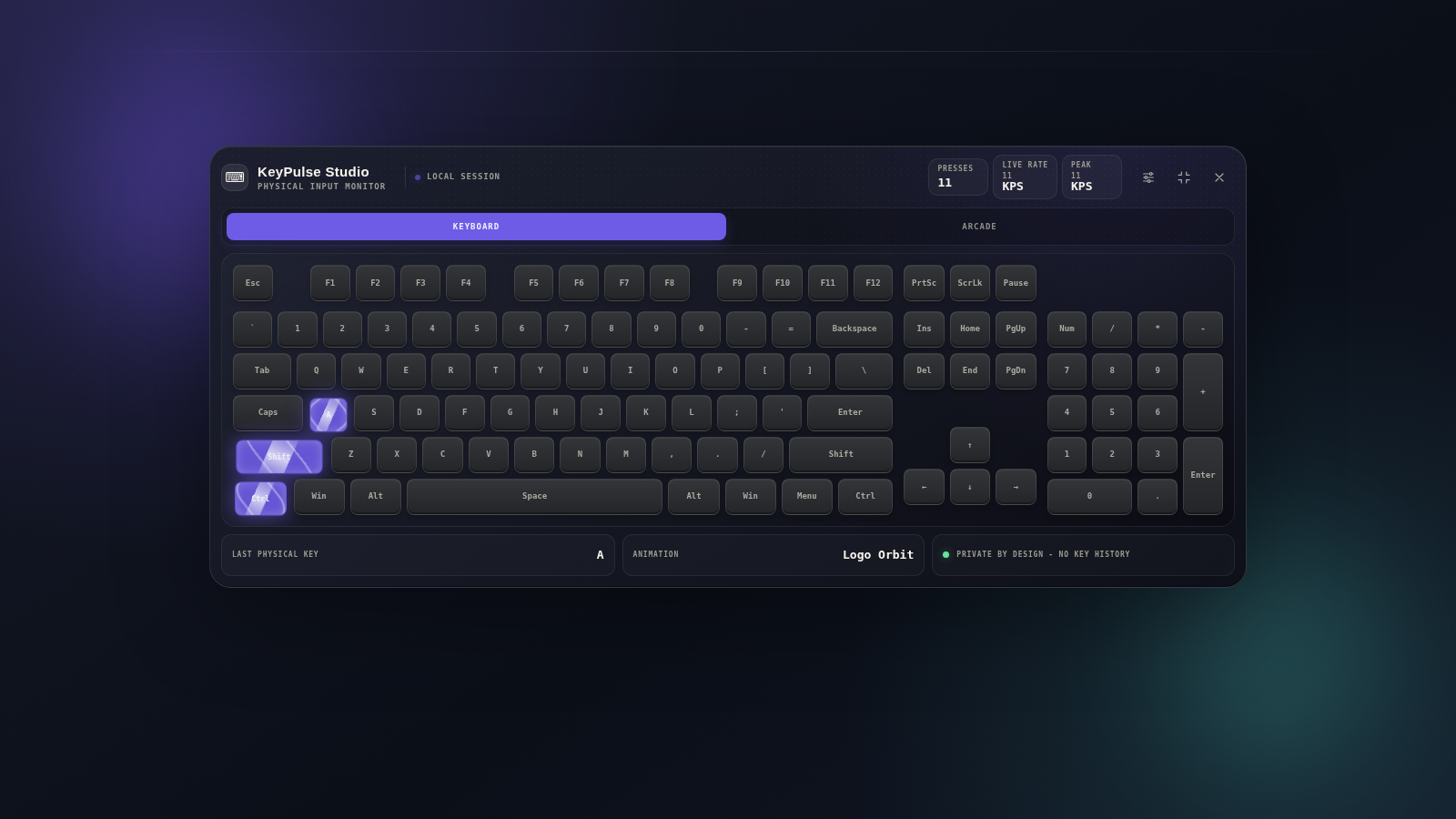 KeyPulse Studio showing a multi-key keyboard shortcut with several physical keys highlighted simultaneously.