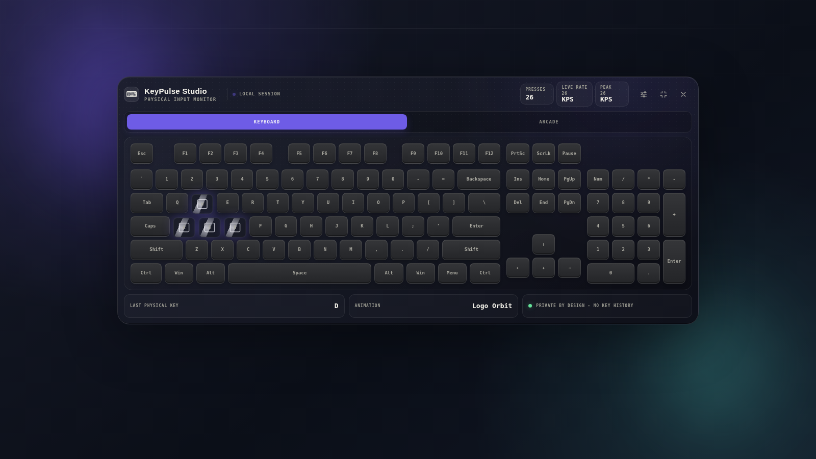 KeyPulse Studio full Studio Mode interface with the physical keyboard, active keys, controls, and live statistics.