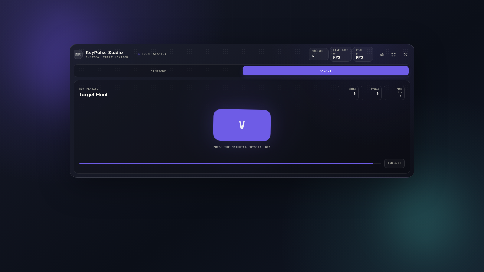 Target Hunt gameplay in KeyPulse Studio with an active target key, score, and streak.