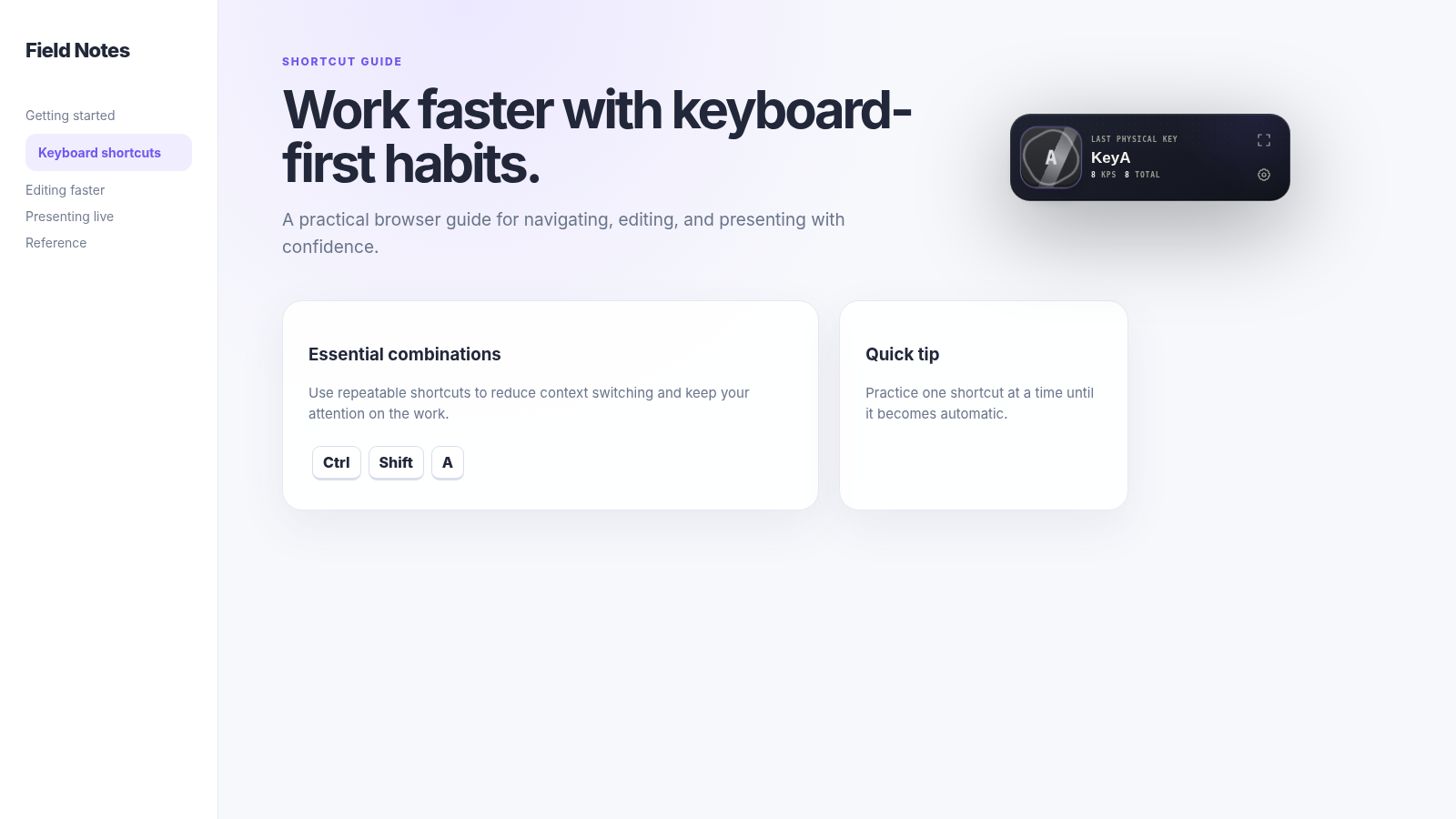 KeyPulse Studio used alongside a browser tutorial to visualize keyboard shortcuts.