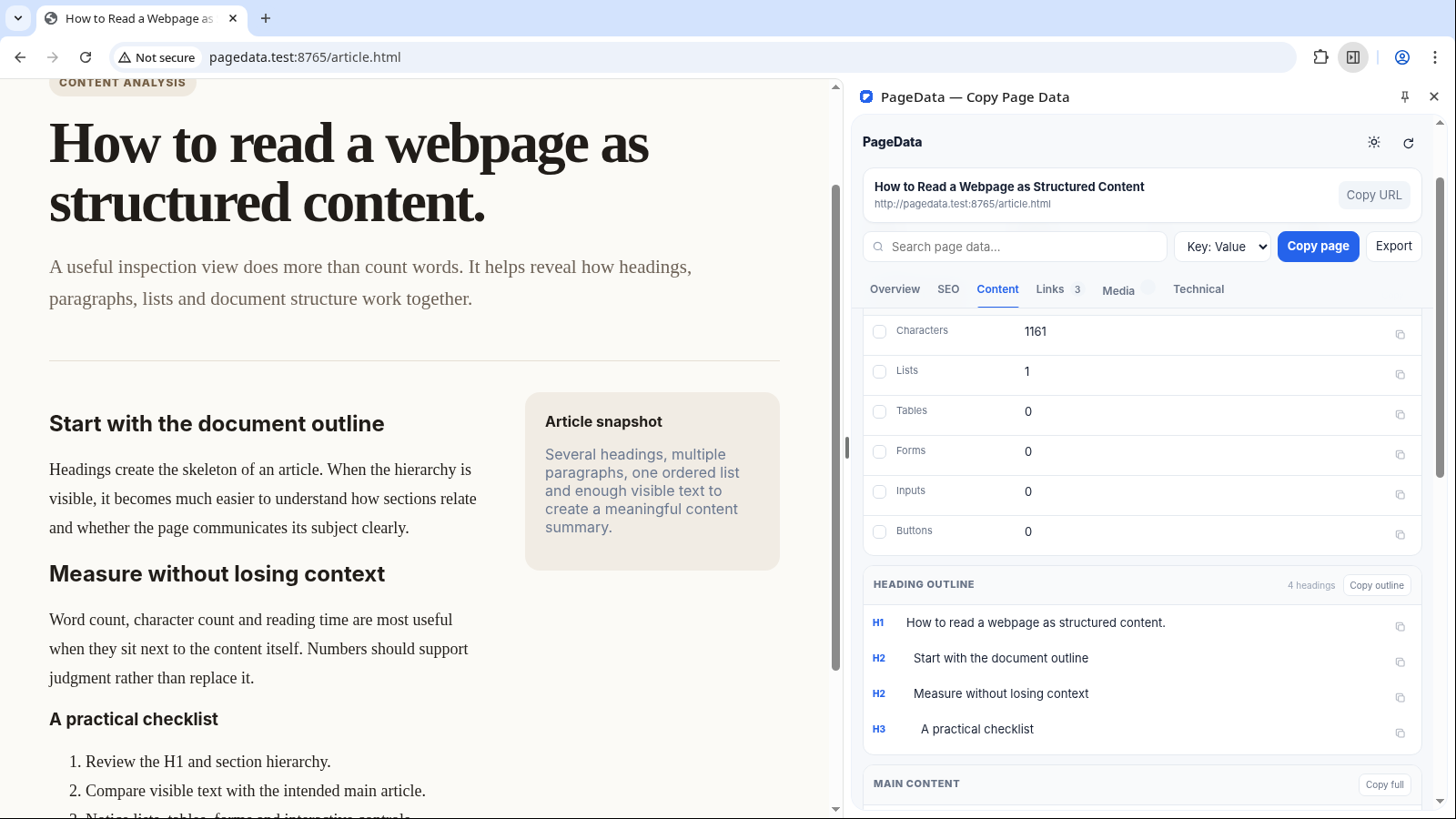 PageData Content view showing word count, reading time, structural counts and extracted text.