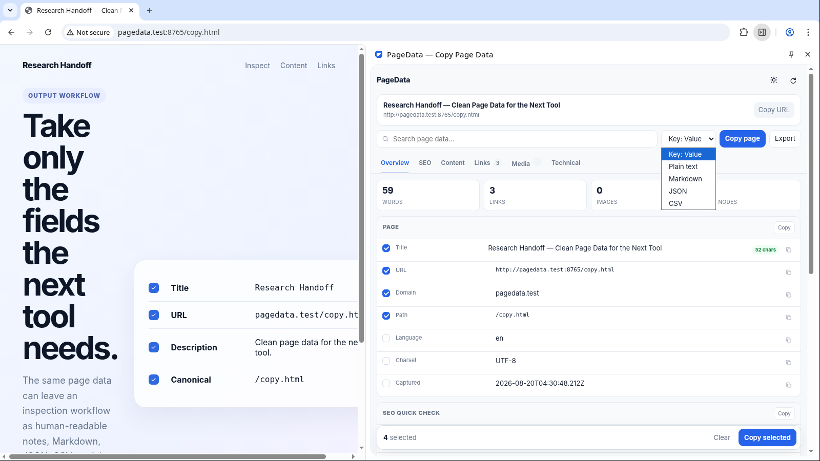 PageData showing selected fields and multiple copy format options.