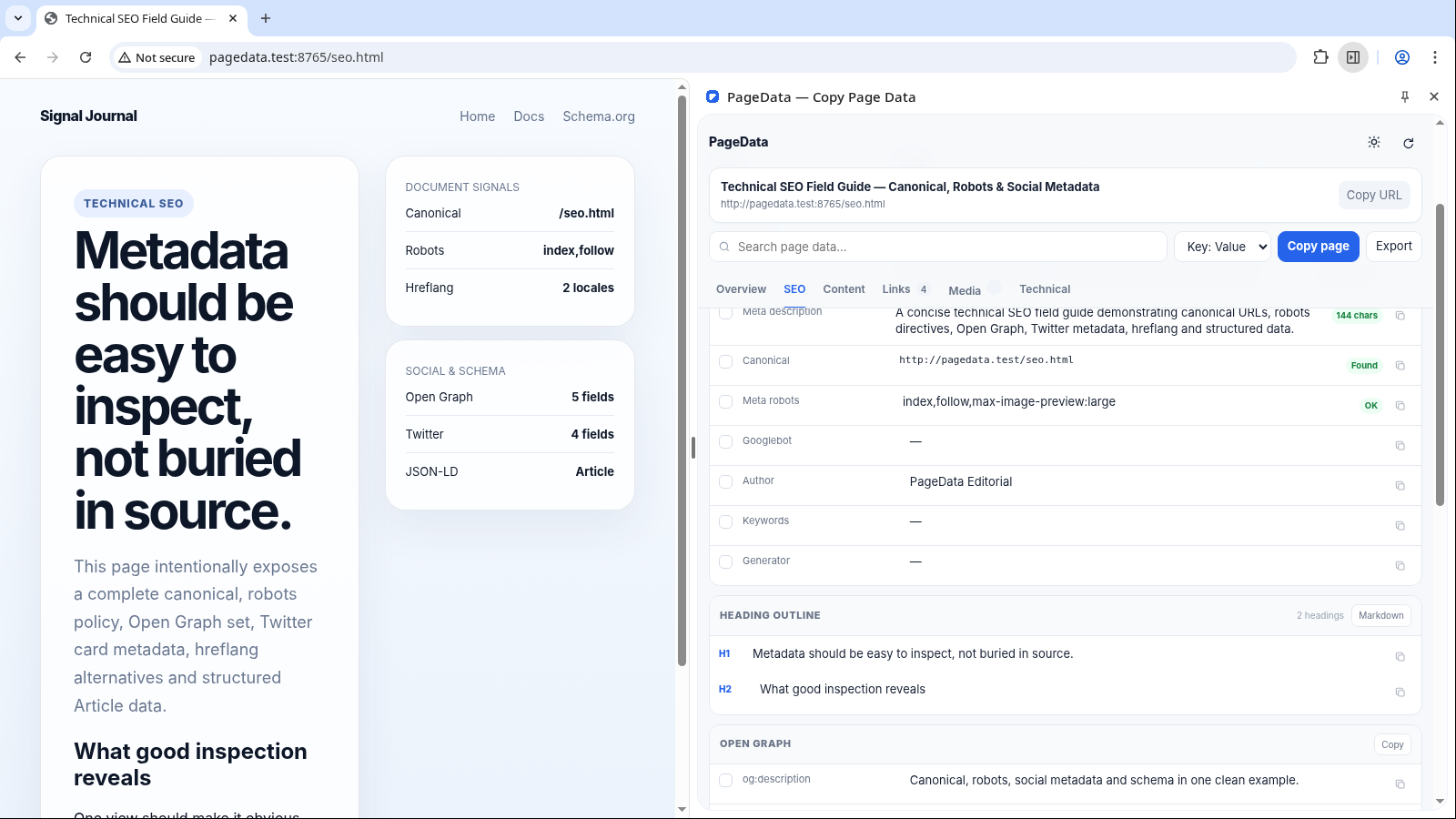 PageData SEO view with canonical, robots, heading structure, Open Graph and structured data.